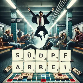 Kreative Illustration für ein Scrabble-Spiel, bei dem das Wort SÜDPFARREI mit Steinen auf dem Brett gelegt wurde.
