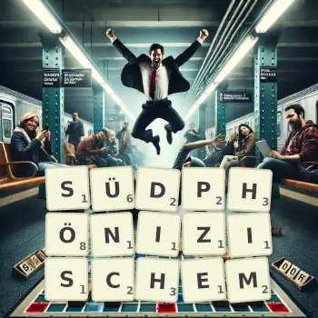 Kreative Illustration für ein Scrabble-Spiel, bei dem das Wort SÜDPHÖNIZISCHEM mit Steinen auf dem Brett gelegt wurde.