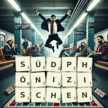 Kreative Illustration für ein Scrabble-Spiel, bei dem das Wort SÜDPHÖNIZISCHEN mit Steinen auf dem Brett gelegt wurde.