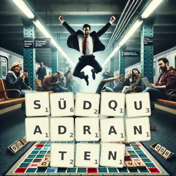 Kreative Illustration für ein Scrabble-Spiel, bei dem das Wort SÜDQUADRANTEN mit Steinen auf dem Brett gelegt wurde.