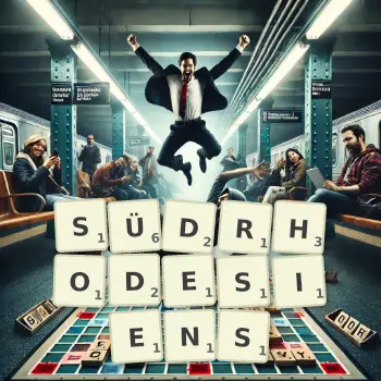 Kreative Illustration für ein Scrabble-Spiel, bei dem das Wort SÜDRHODESIENS mit Steinen auf dem Brett gelegt wurde.