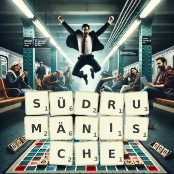 Kreative Illustration für ein Scrabble-Spiel, bei dem das Wort SÜDRUMÄNISCHE mit Steinen auf dem Brett gelegt wurde.