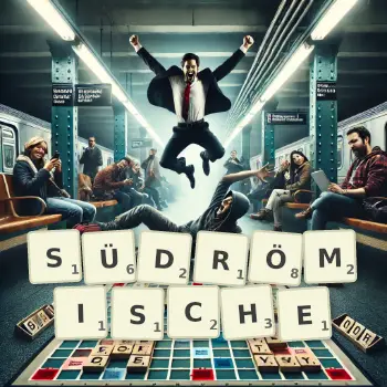 Kreative Illustration für ein Scrabble-Spiel, bei dem das Wort SÜDRÖMISCHE mit Steinen auf dem Brett gelegt wurde.