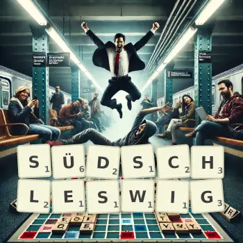 Kreative Illustration für ein Scrabble-Spiel, bei dem das Wort SÜDSCHLESWIG mit Steinen auf dem Brett gelegt wurde.