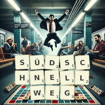 Kreative Illustration für ein Scrabble-Spiel, bei dem das Wort SÜDSCHNELLWEG mit Steinen auf dem Brett gelegt wurde.