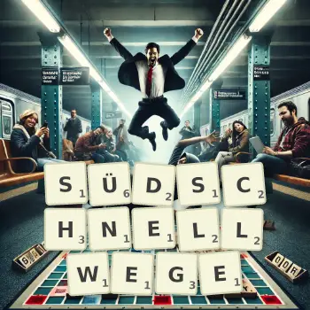 Kreative Illustration für ein Scrabble-Spiel, bei dem das Wort SÜDSCHNELLWEGE mit Steinen auf dem Brett gelegt wurde.