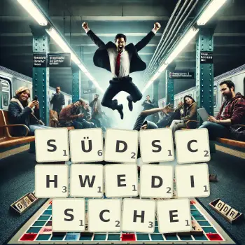Kreative Illustration für ein Scrabble-Spiel, bei dem das Wort SÜDSCHWEDISCHE mit Steinen auf dem Brett gelegt wurde.