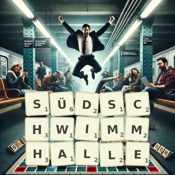 Kreative Illustration für ein Scrabble-Spiel, bei dem das Wort SÜDSCHWIMMHALLE mit Steinen auf dem Brett gelegt wurde.