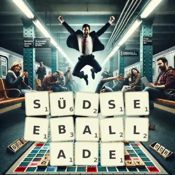 Kreative Illustration für ein Scrabble-Spiel, bei dem das Wort SÜDSEEBALLADE mit Steinen auf dem Brett gelegt wurde.