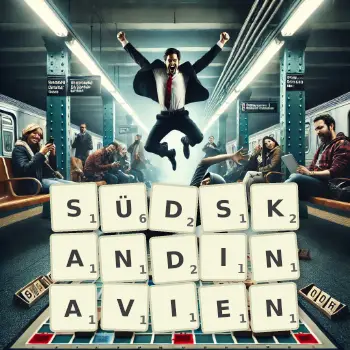 Kreative Illustration für ein Scrabble-Spiel, bei dem das Wort SÜDSKANDINAVIEN mit Steinen auf dem Brett gelegt wurde.