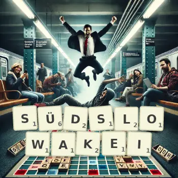 Kreative Illustration für ein Scrabble-Spiel, bei dem das Wort SÜDSLOWAKEI mit Steinen auf dem Brett gelegt wurde.
