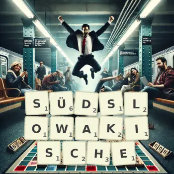 Kreative Illustration für ein Scrabble-Spiel, bei dem das Wort SÜDSLOWAKISCHE mit Steinen auf dem Brett gelegt wurde.