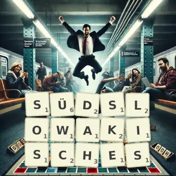 Kreative Illustration für ein Scrabble-Spiel, bei dem das Wort SÜDSLOWAKISCHES mit Steinen auf dem Brett gelegt wurde.