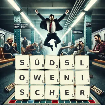Kreative Illustration für ein Scrabble-Spiel, bei dem das Wort SÜDSLOWENISCHER mit Steinen auf dem Brett gelegt wurde.
