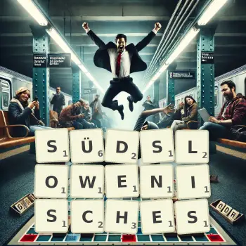 Kreative Illustration für ein Scrabble-Spiel, bei dem das Wort SÜDSLOWENISCHES mit Steinen auf dem Brett gelegt wurde.