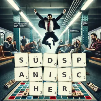 Kreative Illustration für ein Scrabble-Spiel, bei dem das Wort SÜDSPANISCHER mit Steinen auf dem Brett gelegt wurde.