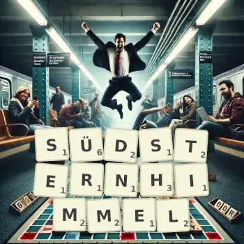 Kreative Illustration für ein Scrabble-Spiel, bei dem das Wort SÜDSTERNHIMMEL mit Steinen auf dem Brett gelegt wurde.