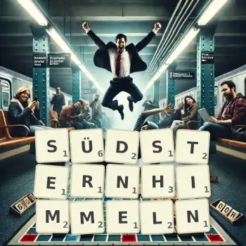 Kreative Illustration für ein Scrabble-Spiel, bei dem das Wort SÜDSTERNHIMMELN mit Steinen auf dem Brett gelegt wurde.