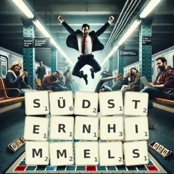 Kreative Illustration für ein Scrabble-Spiel, bei dem das Wort SÜDSTERNHIMMELS mit Steinen auf dem Brett gelegt wurde.