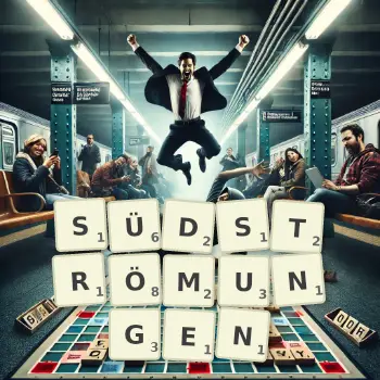 Kreative Illustration für ein Scrabble-Spiel, bei dem das Wort SÜDSTRÖMUNGEN mit Steinen auf dem Brett gelegt wurde.