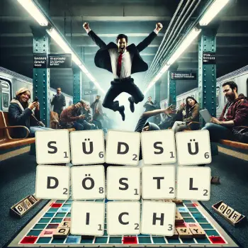 Kreative Illustration für ein Scrabble-Spiel, bei dem das Wort SÜDSÜDÖSTLICH mit Steinen auf dem Brett gelegt wurde.