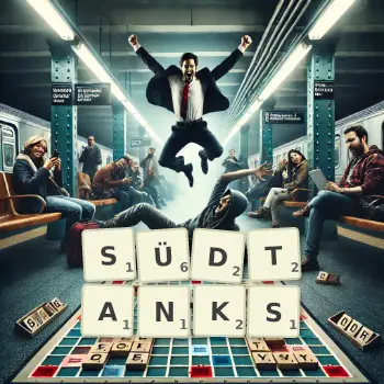 Kreative Illustration für ein Scrabble-Spiel, bei dem das Wort SÜDTANKS mit Steinen auf dem Brett gelegt wurde.