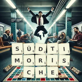 Kreative Illustration für ein Scrabble-Spiel, bei dem das Wort SÜDTIMORISCHE mit Steinen auf dem Brett gelegt wurde.