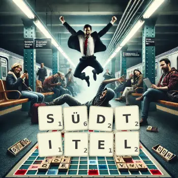Kreative Illustration für ein Scrabble-Spiel, bei dem das Wort SÜDTITEL mit Steinen auf dem Brett gelegt wurde.