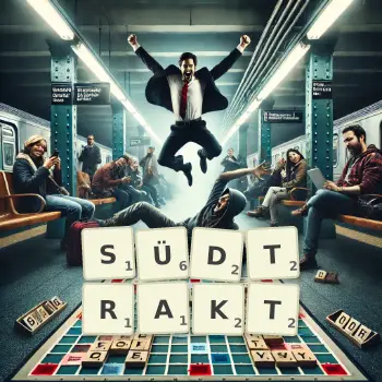 Kreative Illustration für ein Scrabble-Spiel, bei dem das Wort SÜDTRAKT mit Steinen auf dem Brett gelegt wurde.