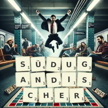 Kreative Illustration für ein Scrabble-Spiel, bei dem das Wort SÜDUGANDISCHER mit Steinen auf dem Brett gelegt wurde.