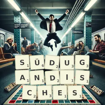 Kreative Illustration für ein Scrabble-Spiel, bei dem das Wort SÜDUGANDISCHES mit Steinen auf dem Brett gelegt wurde.