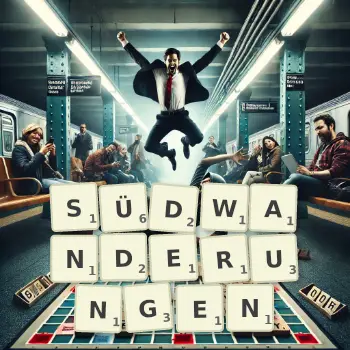Kreative Illustration für ein Scrabble-Spiel, bei dem das Wort SÜDWANDERUNGEN mit Steinen auf dem Brett gelegt wurde.