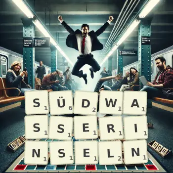 Kreative Illustration für ein Scrabble-Spiel, bei dem das Wort SÜDWASSERINSELN mit Steinen auf dem Brett gelegt wurde.