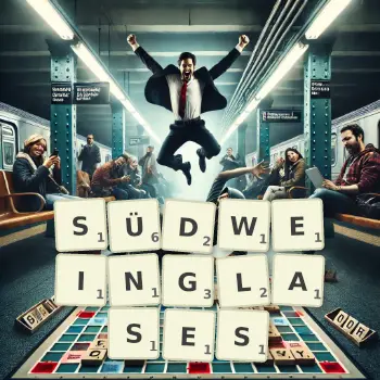 Kreative Illustration für ein Scrabble-Spiel, bei dem das Wort SÜDWEINGLASES mit Steinen auf dem Brett gelegt wurde.