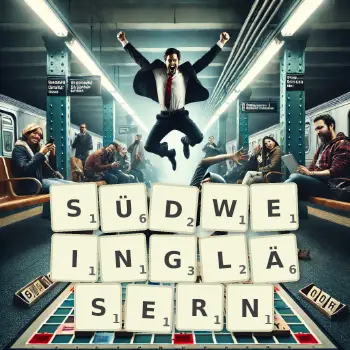 Kreative Illustration für ein Scrabble-Spiel, bei dem das Wort SÜDWEINGLÄSERN mit Steinen auf dem Brett gelegt wurde.
