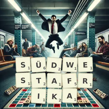 Kreative Illustration für ein Scrabble-Spiel, bei dem das Wort SÜDWESTAFRIKA mit Steinen auf dem Brett gelegt wurde.