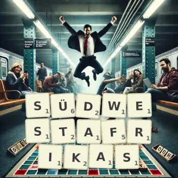 Kreative Illustration für ein Scrabble-Spiel, bei dem das Wort SÜDWESTAFRIKAS mit Steinen auf dem Brett gelegt wurde.