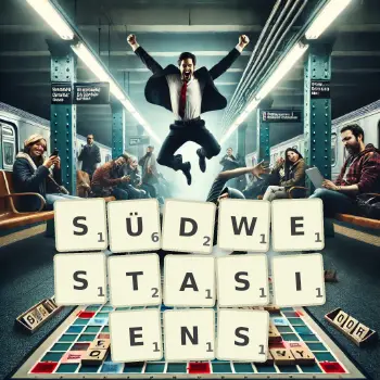 Kreative Illustration für ein Scrabble-Spiel, bei dem das Wort SÜDWESTASIENS mit Steinen auf dem Brett gelegt wurde.