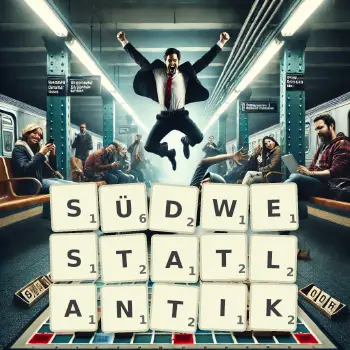 Kreative Illustration für ein Scrabble-Spiel, bei dem das Wort SÜDWESTATLANTIK mit Steinen auf dem Brett gelegt wurde.