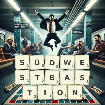 Kreative Illustration für ein Scrabble-Spiel, bei dem das Wort SÜDWESTBASTION mit Steinen auf dem Brett gelegt wurde.