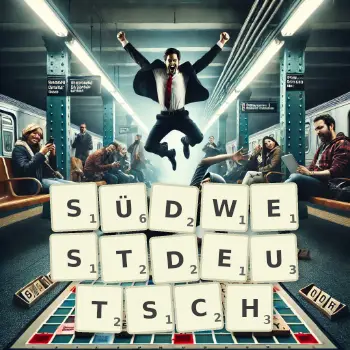 Kreative Illustration für ein Scrabble-Spiel, bei dem das Wort SÜDWESTDEUTSCH mit Steinen auf dem Brett gelegt wurde.