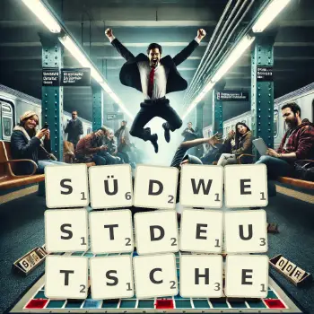 Kreative Illustration für ein Scrabble-Spiel, bei dem das Wort SÜDWESTDEUTSCHE mit Steinen auf dem Brett gelegt wurde.