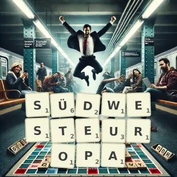 Kreative Illustration für ein Scrabble-Spiel, bei dem das Wort SÜDWESTEUROPA mit Steinen auf dem Brett gelegt wurde.