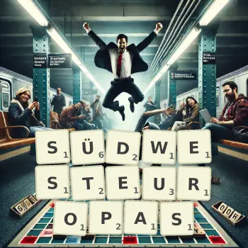 Kreative Illustration für ein Scrabble-Spiel, bei dem das Wort SÜDWESTEUROPAS mit Steinen auf dem Brett gelegt wurde.