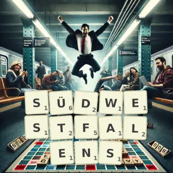 Kreative Illustration für ein Scrabble-Spiel, bei dem das Wort SÜDWESTFALENS mit Steinen auf dem Brett gelegt wurde.