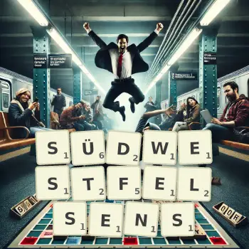 Kreative Illustration für ein Scrabble-Spiel, bei dem das Wort SÜDWESTFELSENS mit Steinen auf dem Brett gelegt wurde.