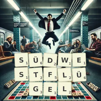 Kreative Illustration für ein Scrabble-Spiel, bei dem das Wort SÜDWESTFLÜGEL mit Steinen auf dem Brett gelegt wurde.