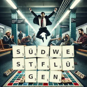 Kreative Illustration für ein Scrabble-Spiel, bei dem das Wort SÜDWESTFLÜGEN mit Steinen auf dem Brett gelegt wurde.