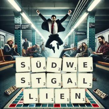 Kreative Illustration für ein Scrabble-Spiel, bei dem das Wort SÜDWESTGALLIEN mit Steinen auf dem Brett gelegt wurde.