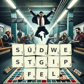 Kreative Illustration für ein Scrabble-Spiel, bei dem das Wort SÜDWESTGIPFEL mit Steinen auf dem Brett gelegt wurde.